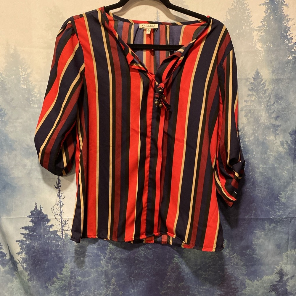 Mileage Women's Maroon Vertical Striped Roll‎ Tab Sleeve Top Blouse Sz Small